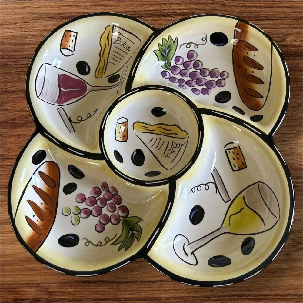 Calla Art Buco Vino 5 Section Serving‎ Tray Platter Hand Painted StoneLite Italy